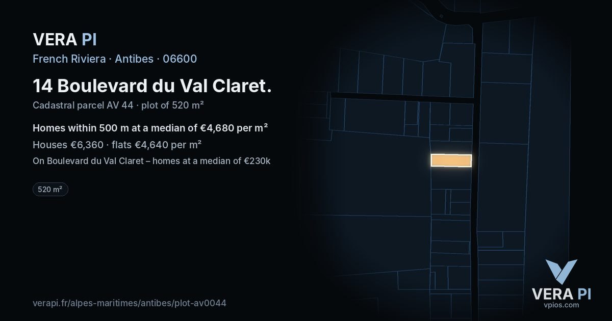 14 Boulevard du Val Claret, Antibes at night – the plot lit, the parcels around coloured by the prices near them