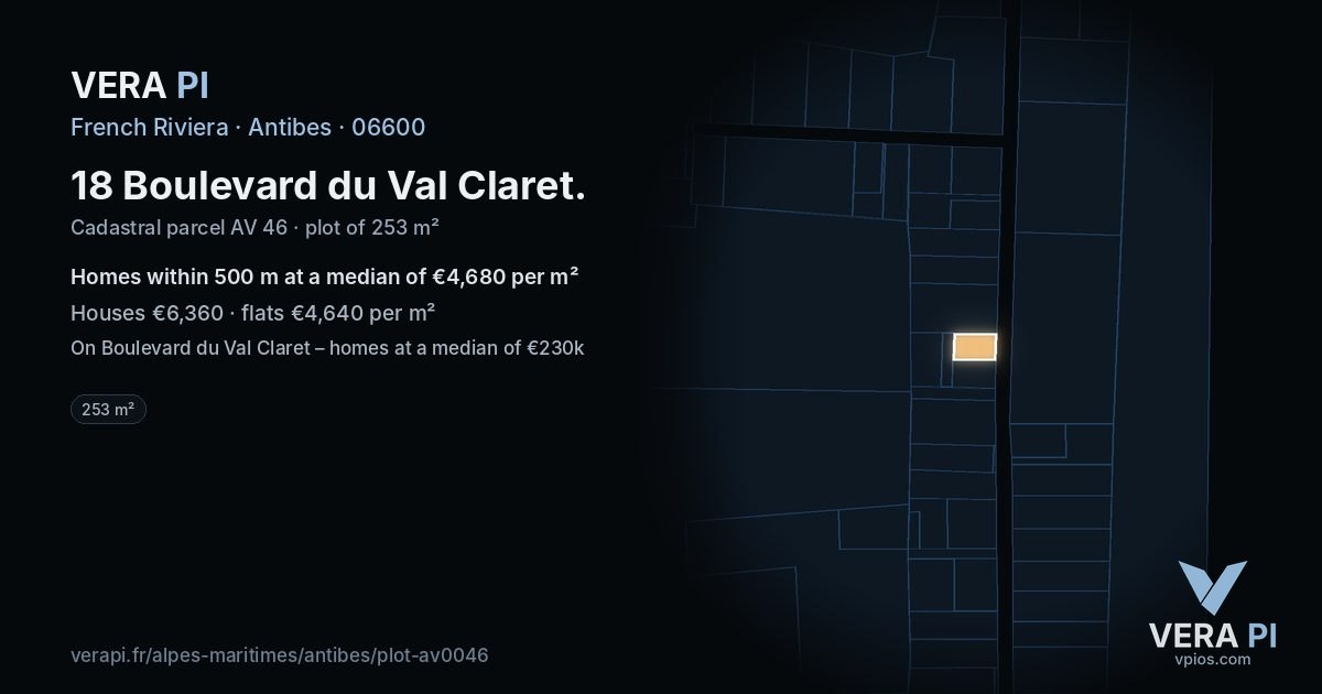 18 Boulevard du Val Claret, Antibes at night – the plot lit, the parcels around coloured by the prices near them