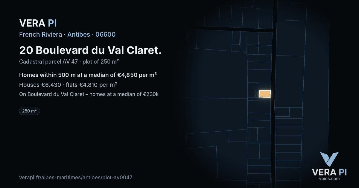 20 Boulevard du Val Claret, Antibes at night – the plot lit, the parcels around coloured by the prices near them