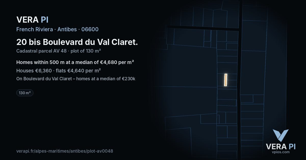 20 bis Boulevard du Val Claret, Antibes at night – the plot lit, the parcels around coloured by the prices near them