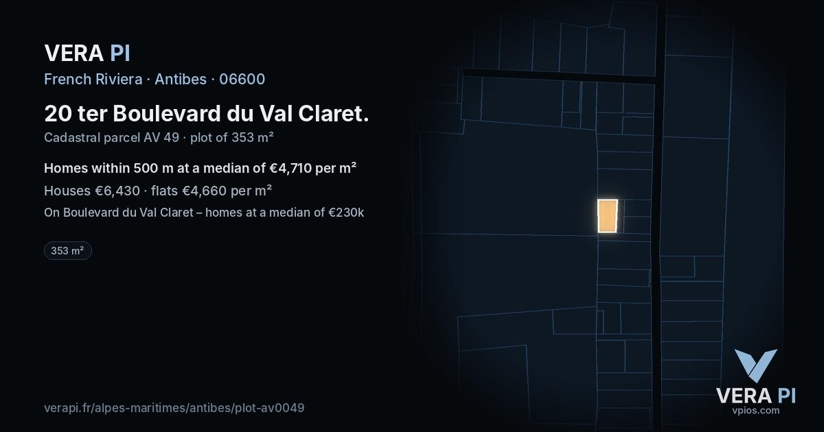 20 ter Boulevard du Val Claret, Antibes at night – the plot lit, the parcels around coloured by the prices near them