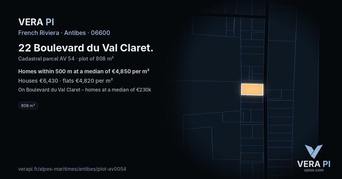 22 Boulevard du Val Claret, Antibes at night – the plot lit, the parcels around coloured by the prices near them