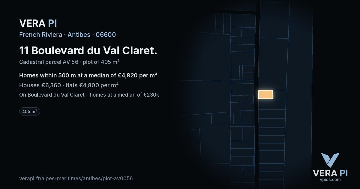 11 Boulevard du Val Claret, Antibes at night – the plot lit, the parcels around coloured by the prices near them