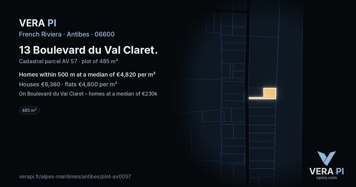 13 Boulevard du Val Claret, Antibes at night – the plot lit, the parcels around coloured by the prices near them