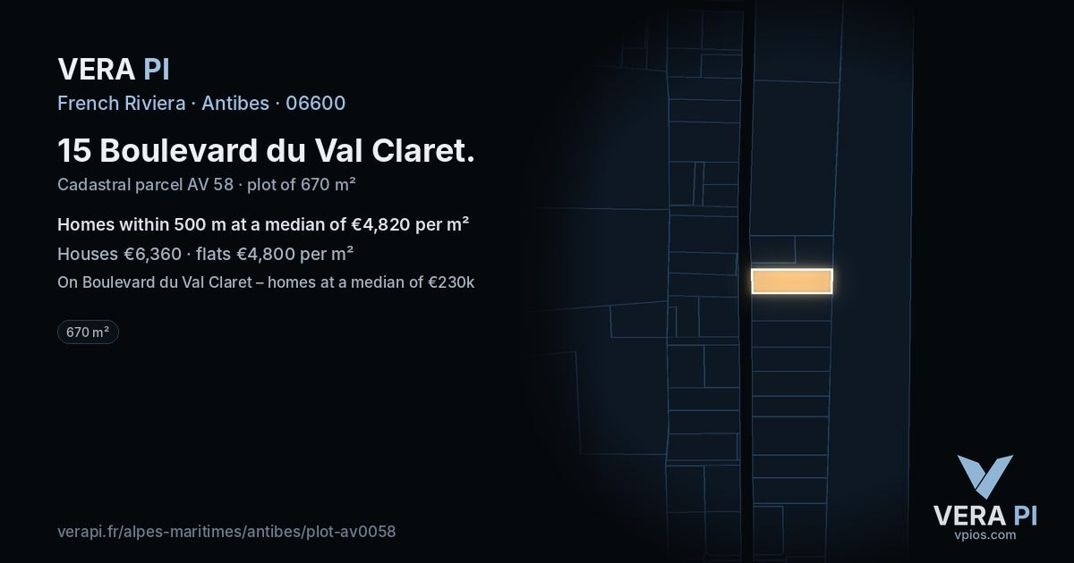 15 Boulevard du Val Claret, Antibes at night – the plot lit, the parcels around coloured by the prices near them