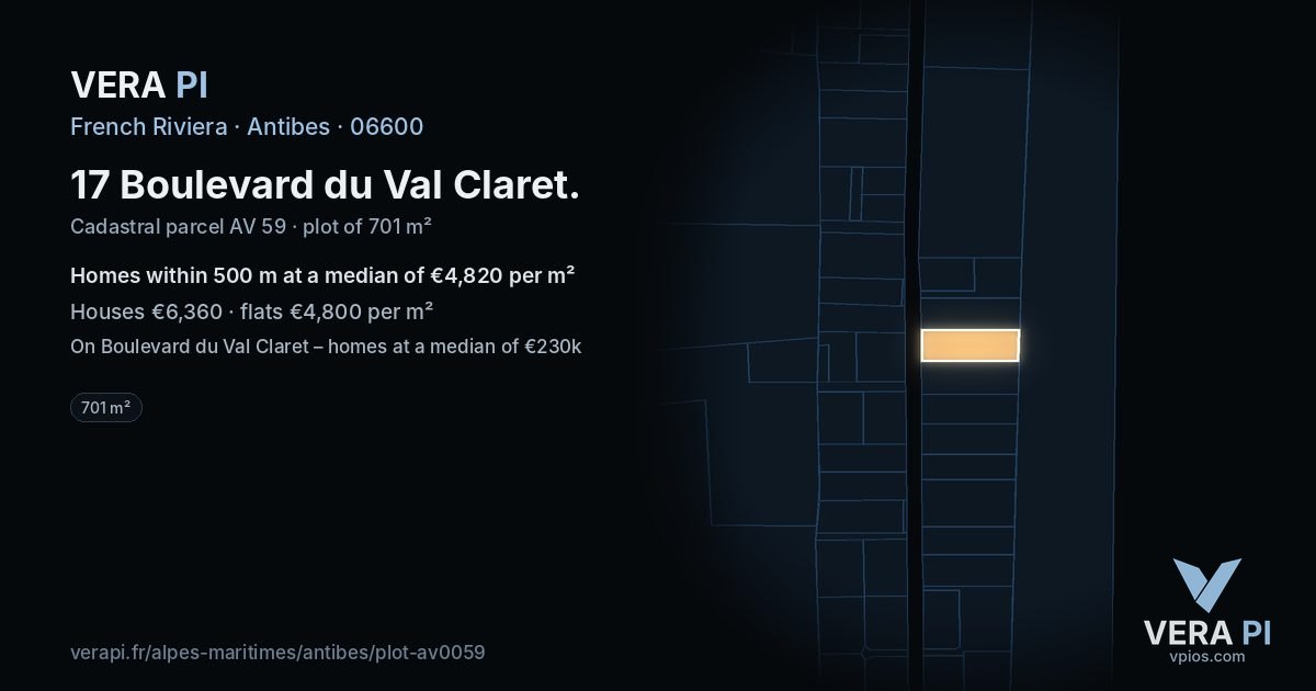 17 Boulevard du Val Claret, Antibes at night – the plot lit, the parcels around coloured by the prices near them