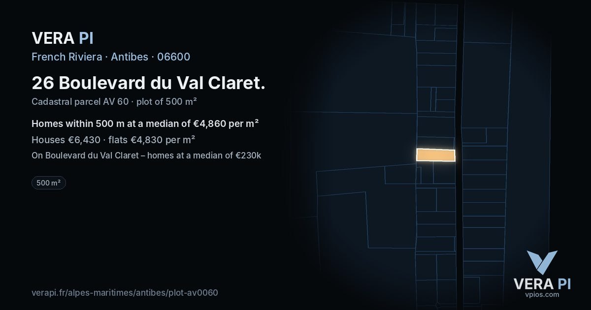 26 Boulevard du Val Claret, Antibes at night – the plot lit, the parcels around coloured by the prices near them
