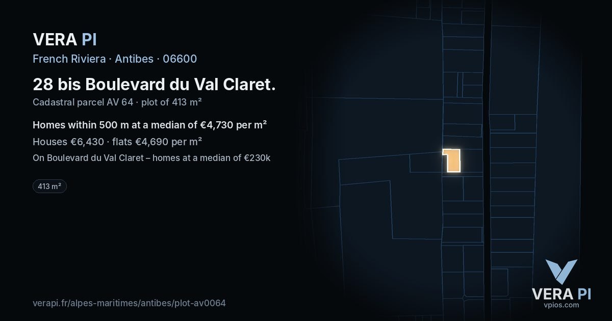 28 bis Boulevard du Val Claret, Antibes at night – the plot lit, the parcels around coloured by the prices near them