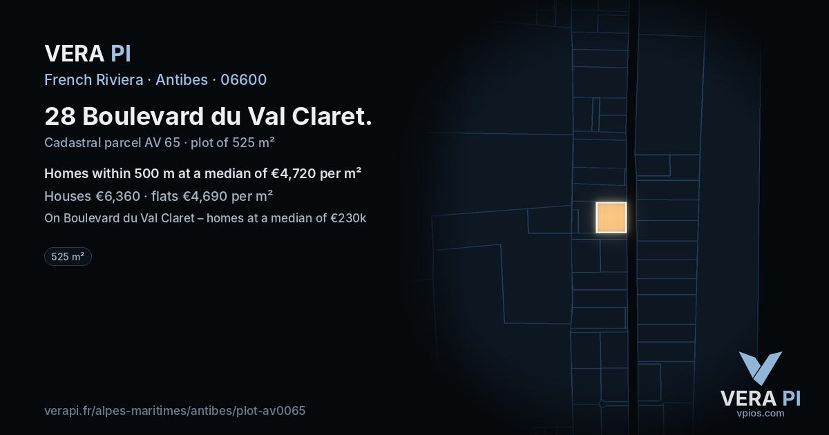 28 Boulevard du Val Claret, Antibes at night – the plot lit, the parcels around coloured by the prices near them