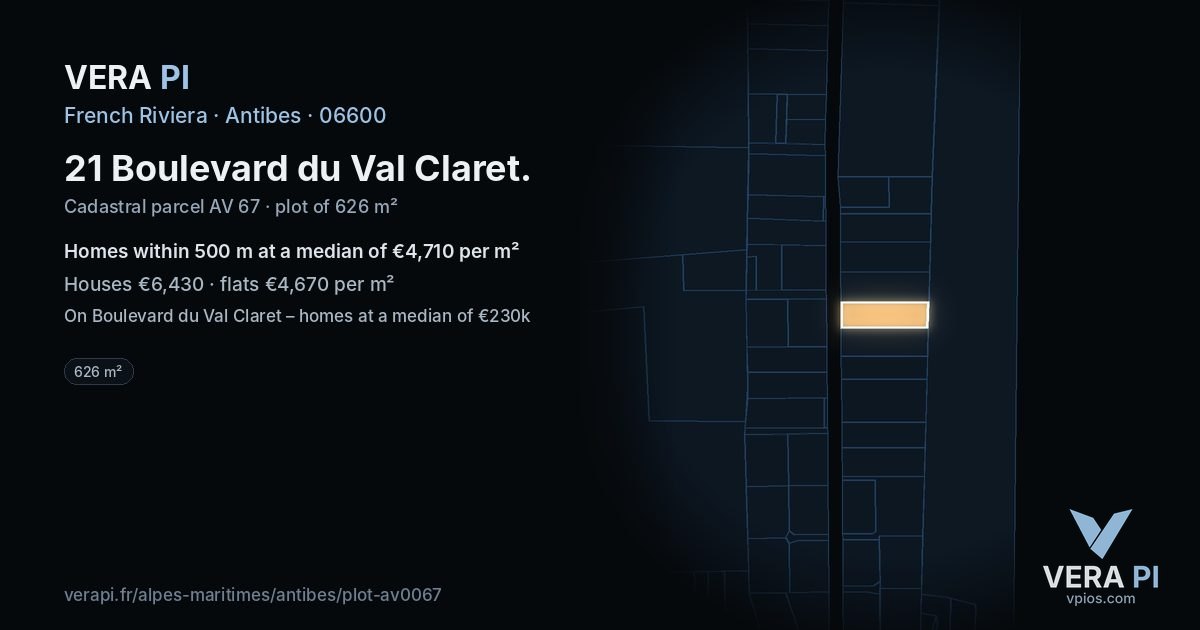 21 Boulevard du Val Claret, Antibes at night – the plot lit, the parcels around coloured by the prices near them