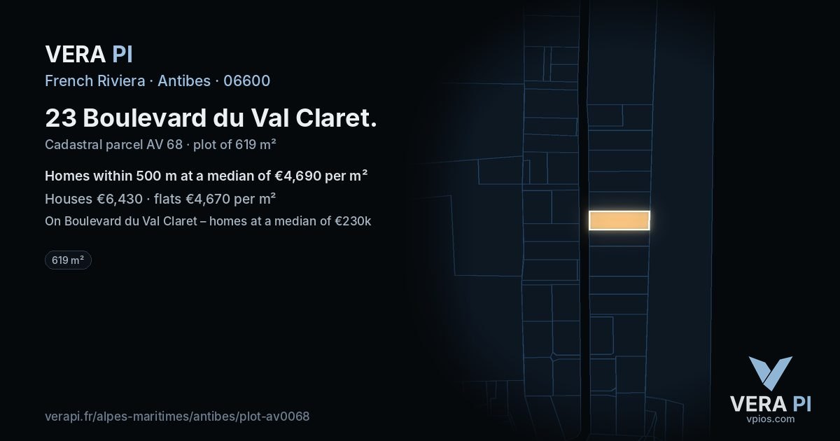 23 Boulevard du Val Claret, Antibes at night – the plot lit, the parcels around coloured by the prices near them
