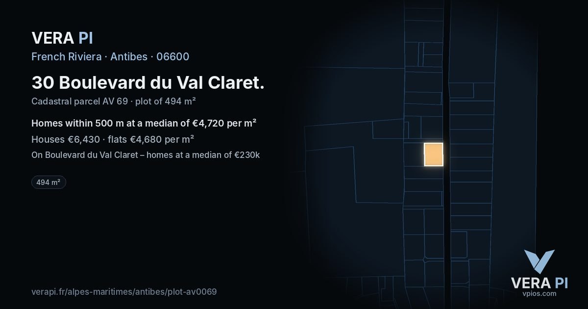 30 Boulevard du Val Claret, Antibes at night – the plot lit, the parcels around coloured by the prices near them