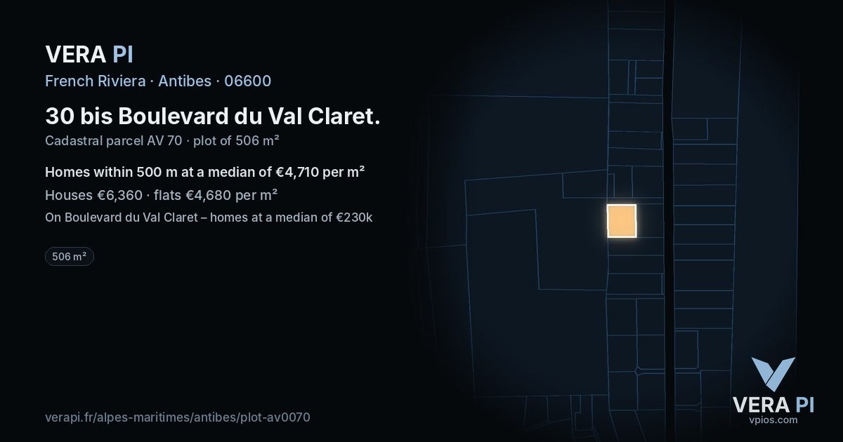 30 bis Boulevard du Val Claret, Antibes at night – the plot lit, the parcels around coloured by the prices near them