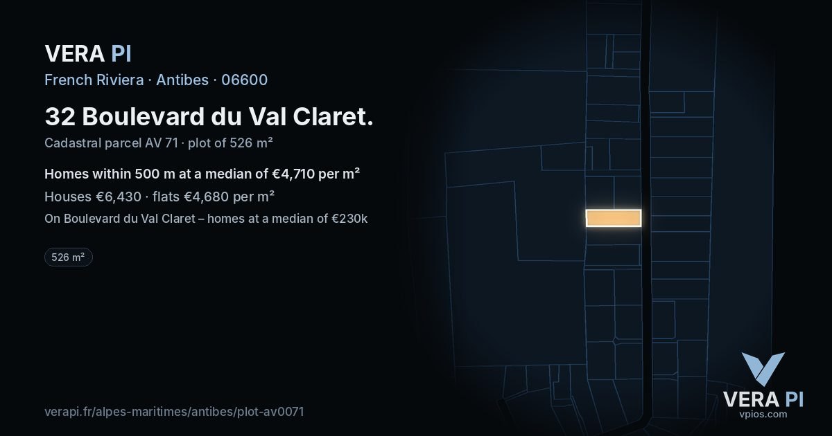32 Boulevard du Val Claret, Antibes at night – the plot lit, the parcels around coloured by the prices near them