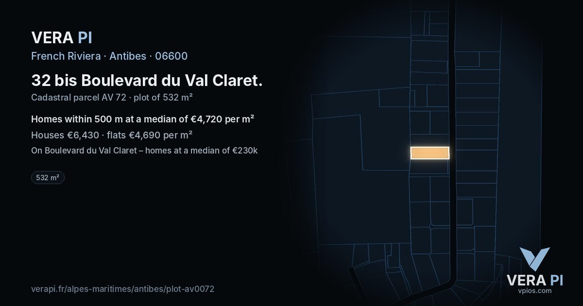 32 bis Boulevard du Val Claret, Antibes at night – the plot lit, the parcels around coloured by the prices near them