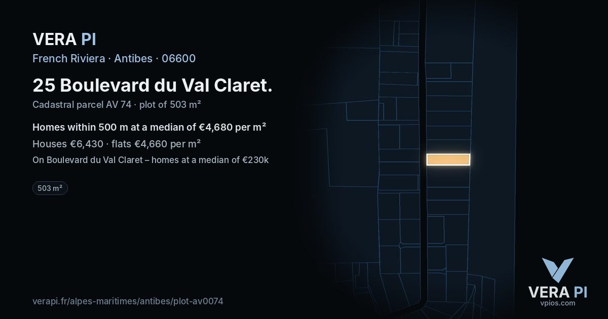 25 Boulevard du Val Claret, Antibes at night – the plot lit, the parcels around coloured by the prices near them