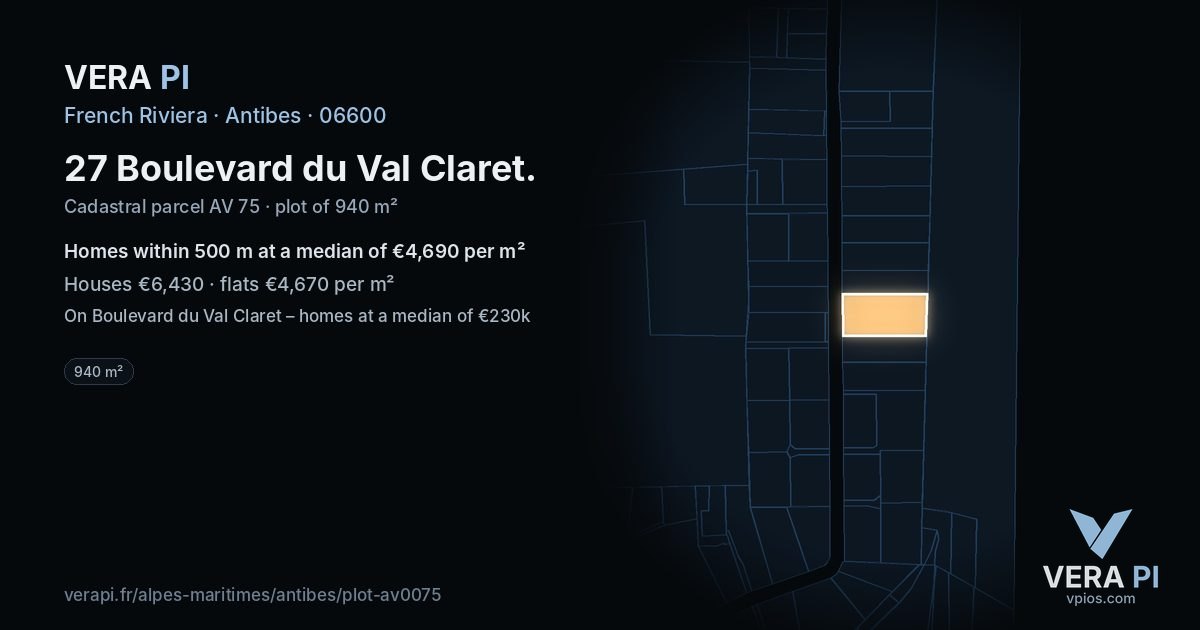27 Boulevard du Val Claret, Antibes at night – the plot lit, the parcels around coloured by the prices near them