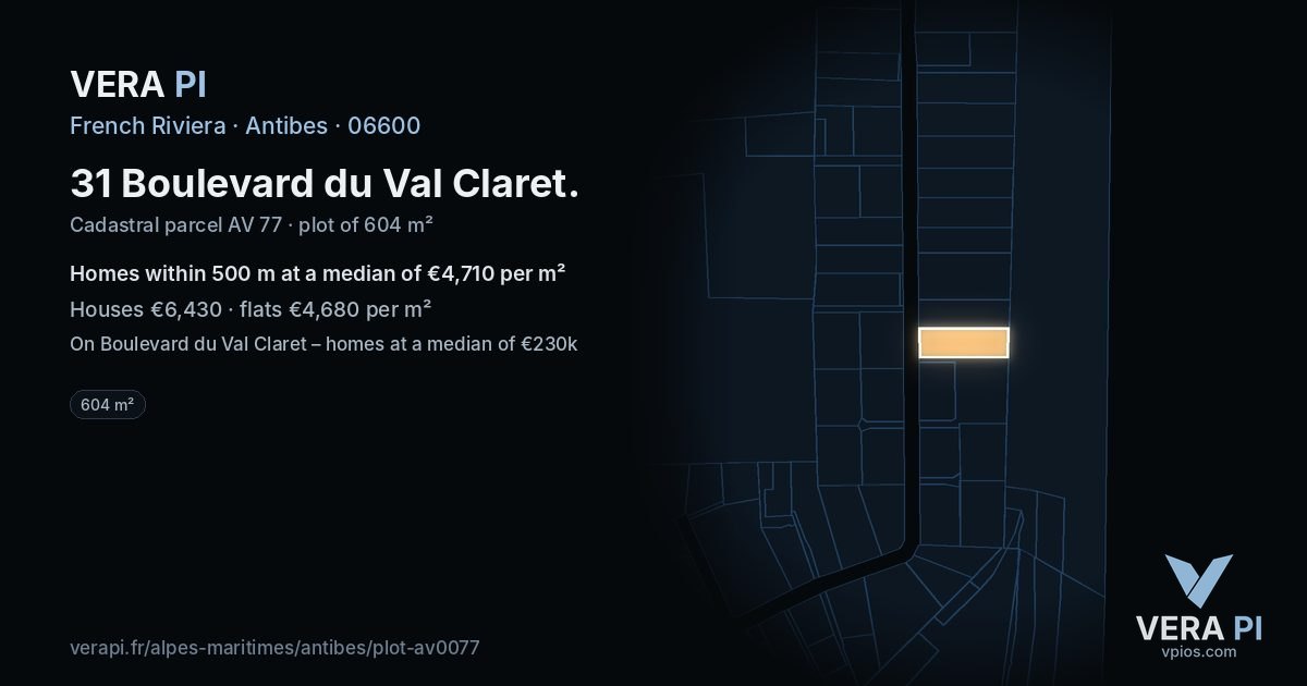 31 Boulevard du Val Claret, Antibes at night – the plot lit, the parcels around coloured by the prices near them