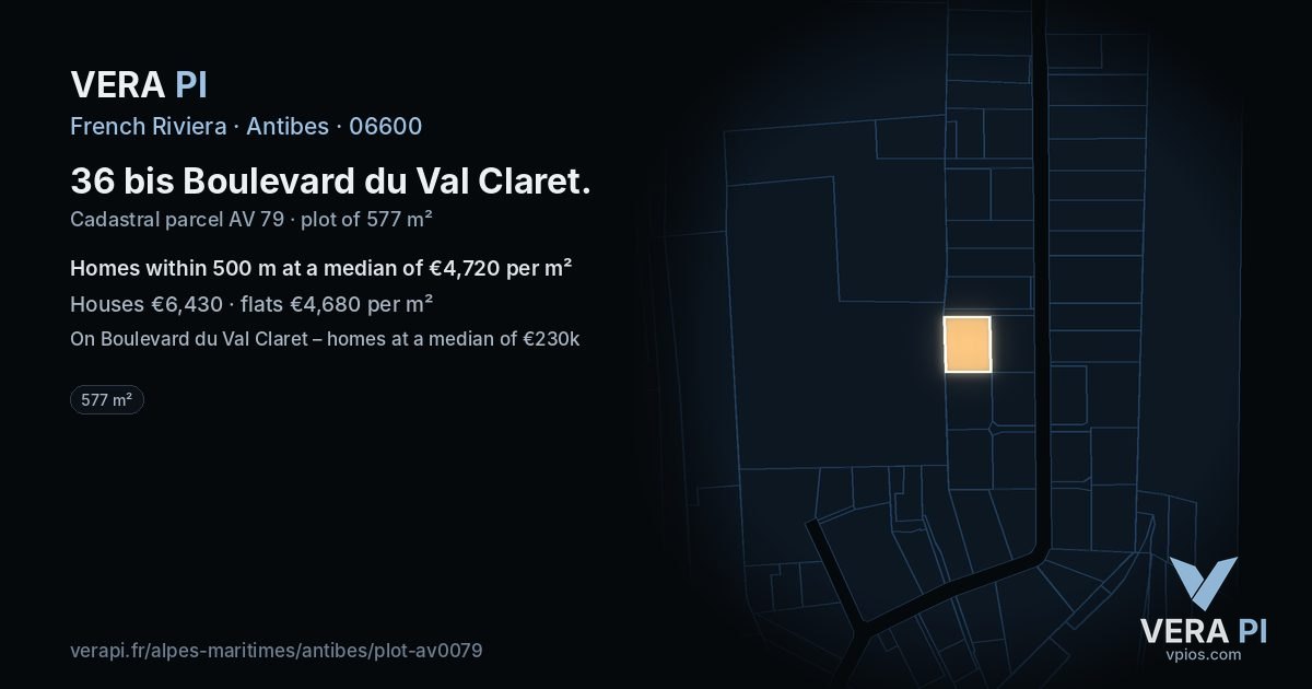 36 bis Boulevard du Val Claret, Antibes at night – the plot lit, the parcels around coloured by the prices near them