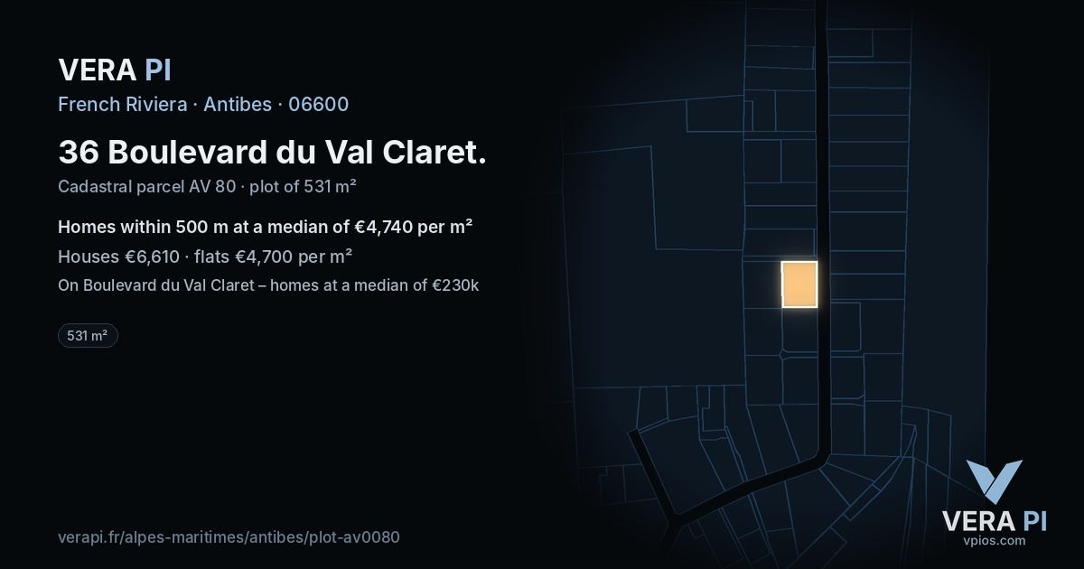 36 Boulevard du Val Claret, Antibes at night – the plot lit, the parcels around coloured by the prices near them