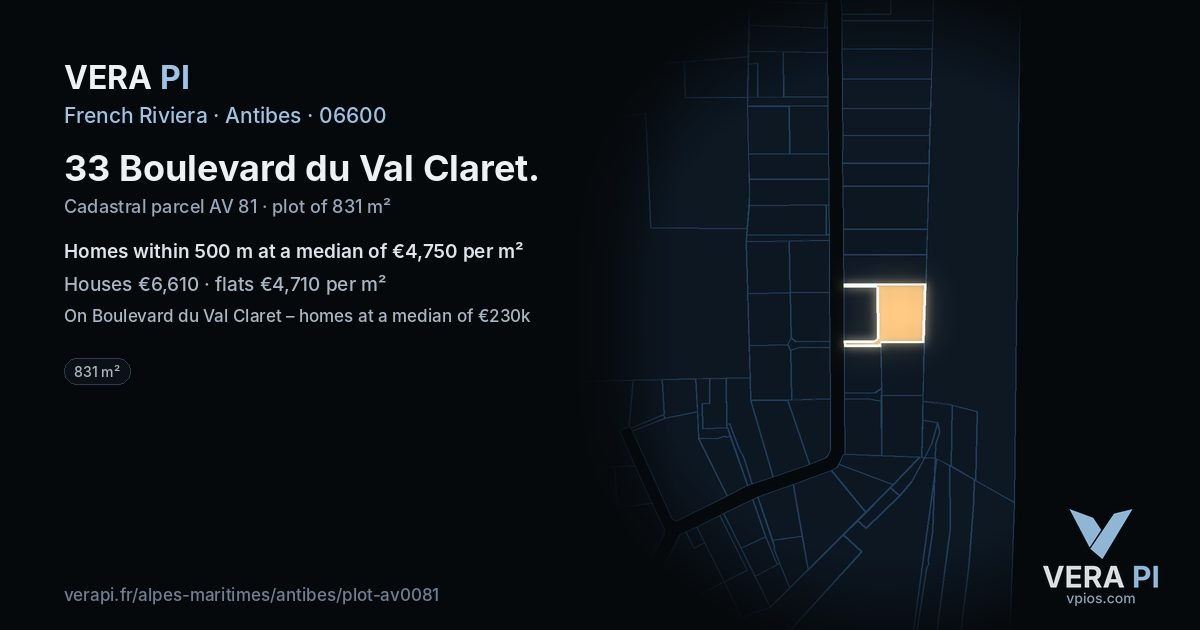 33 Boulevard du Val Claret, Antibes at night – the plot lit, the parcels around coloured by the prices near them
