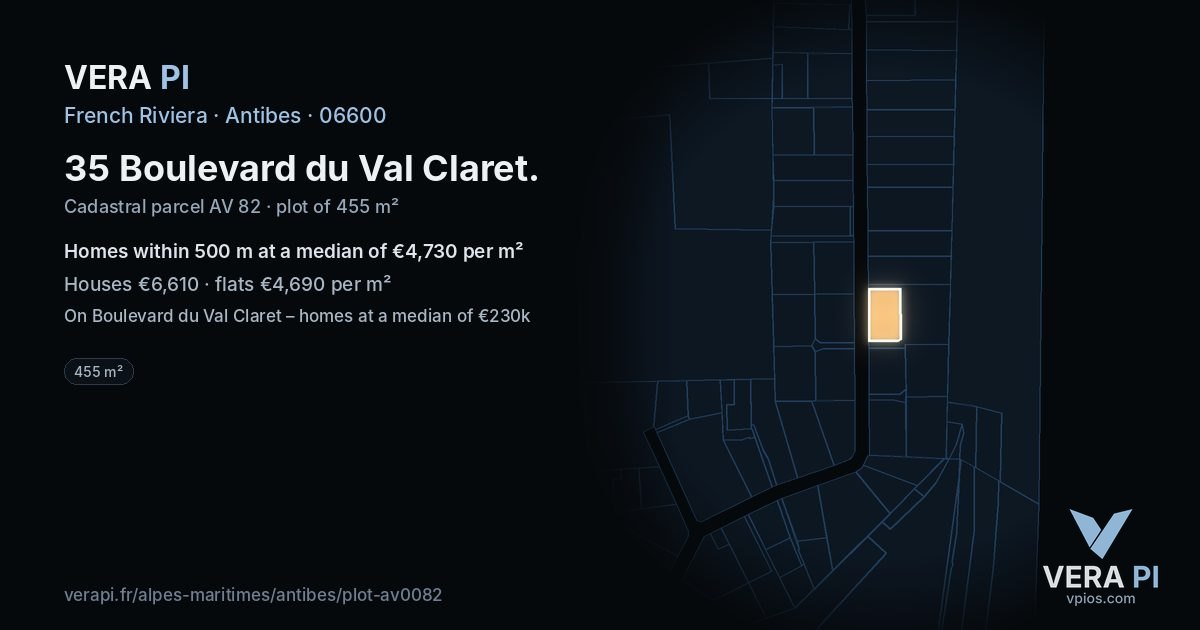 35 Boulevard du Val Claret, Antibes at night – the plot lit, the parcels around coloured by the prices near them