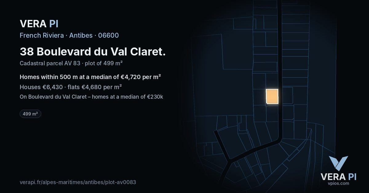 38 Boulevard du Val Claret, Antibes at night – the plot lit, the parcels around coloured by the prices near them