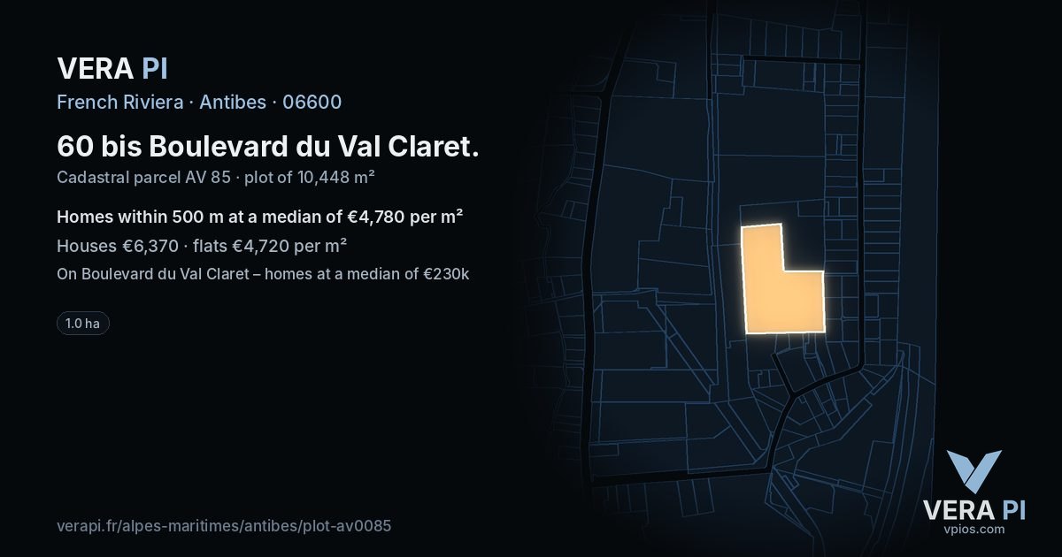 60 bis Boulevard du Val Claret, Antibes at night – the plot lit, the parcels around coloured by the prices near them