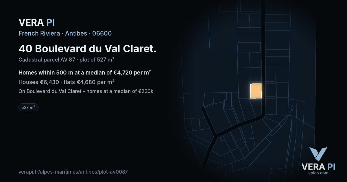 40 Boulevard du Val Claret, Antibes at night – the plot lit, the parcels around coloured by the prices near them