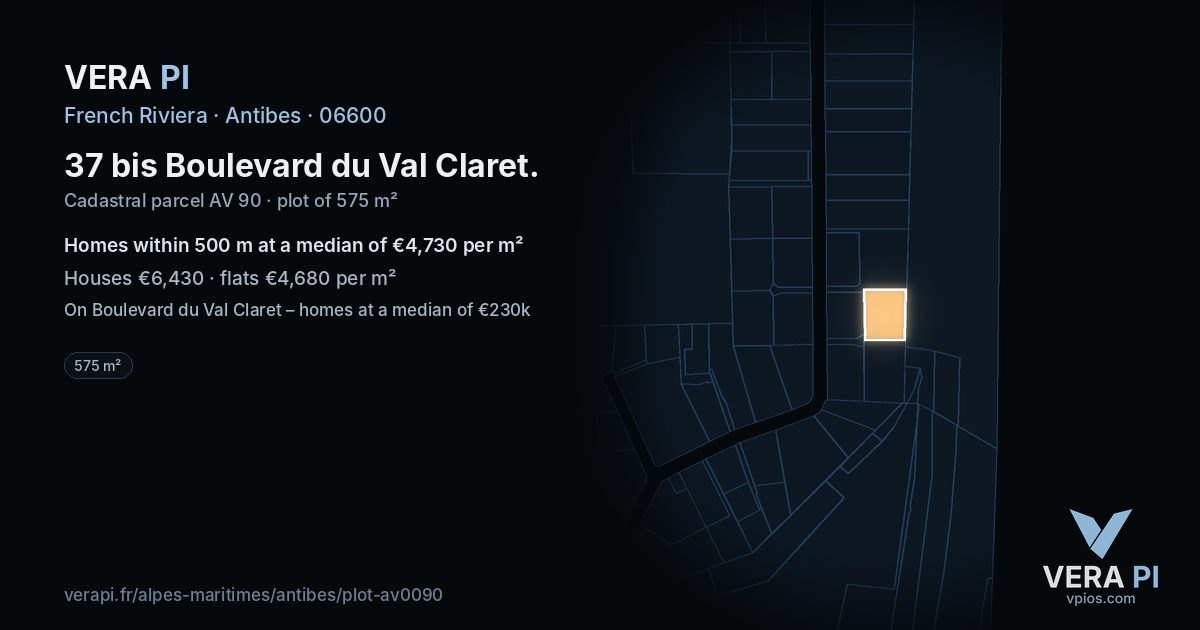 37 bis Boulevard du Val Claret, Antibes at night – the plot lit, the parcels around coloured by the prices near them