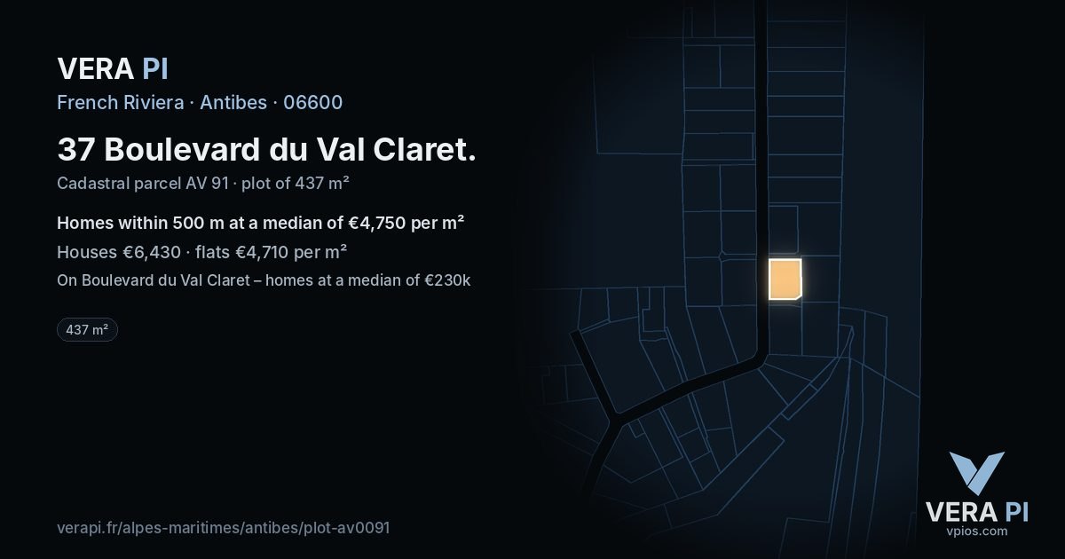 37 Boulevard du Val Claret, Antibes at night – the plot lit, the parcels around coloured by the prices near them