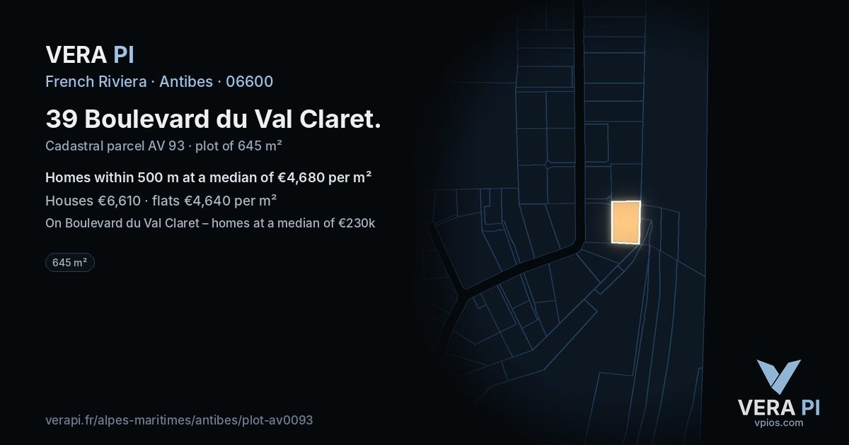 39 Boulevard du Val Claret, Antibes at night – the plot lit, the parcels around coloured by the prices near them