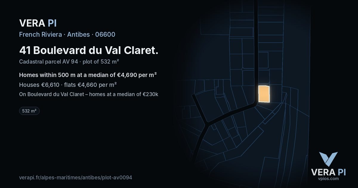 41 Boulevard du Val Claret, Antibes at night – the plot lit, the parcels around coloured by the prices near them