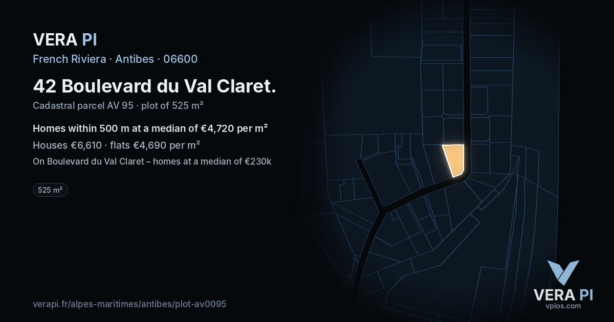 42 Boulevard du Val Claret, Antibes at night – the plot lit, the parcels around coloured by the prices near them