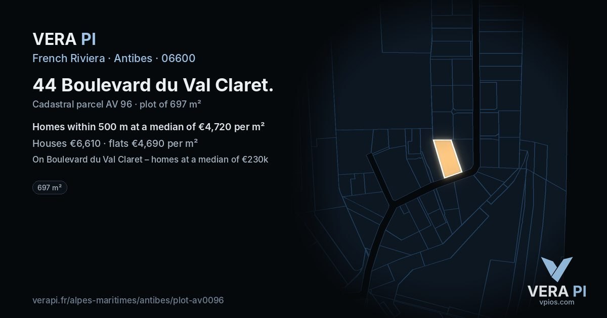 44 Boulevard du Val Claret, Antibes at night – the plot lit, the parcels around coloured by the prices near them