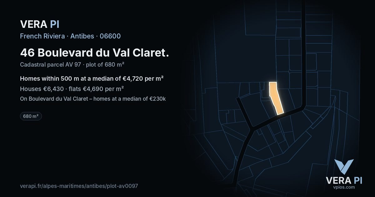 46 Boulevard du Val Claret, Antibes at night – the plot lit, the parcels around coloured by the prices near them