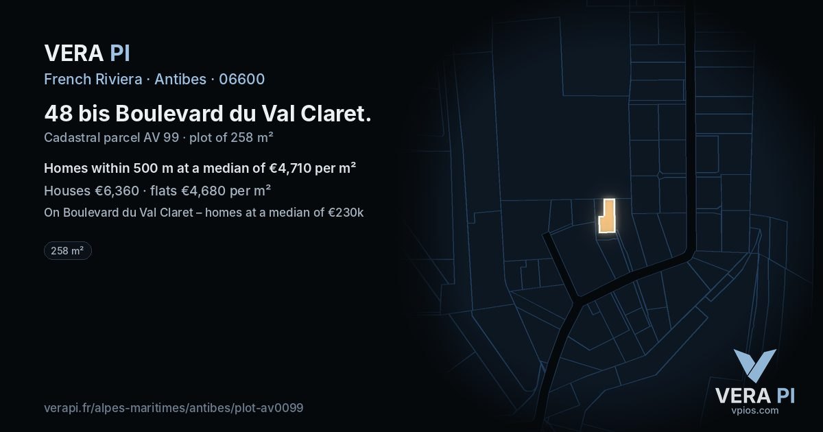 48 bis Boulevard du Val Claret, Antibes at night – the plot lit, the parcels around coloured by the prices near them
