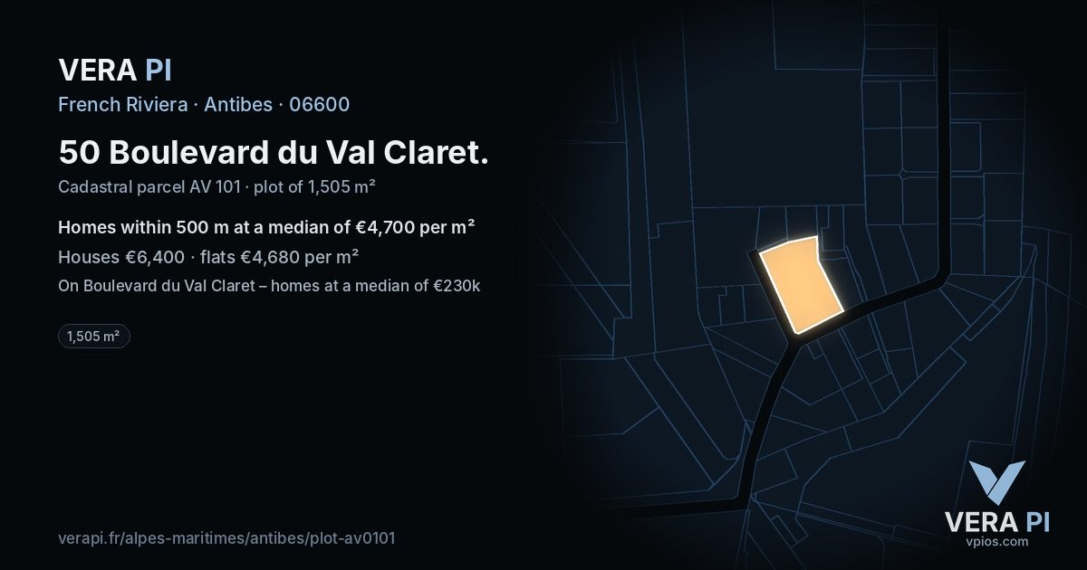 50 Boulevard du Val Claret, Antibes at night – the plot lit, the parcels around coloured by the prices near them