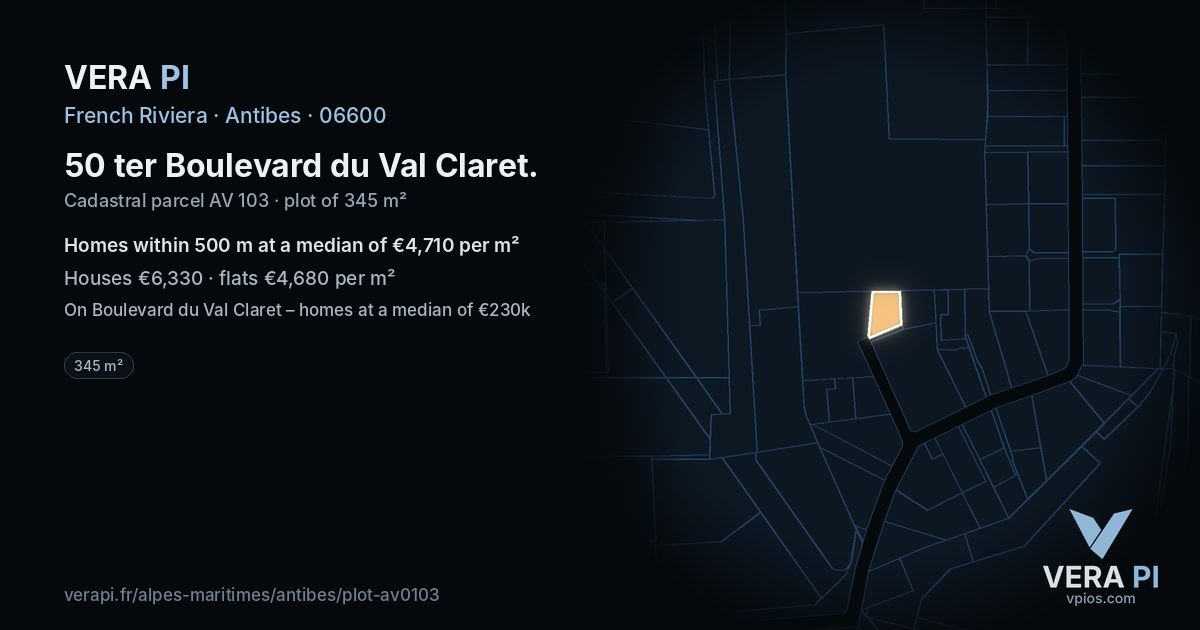 50 ter Boulevard du Val Claret, Antibes at night – the plot lit, the parcels around coloured by the prices near them