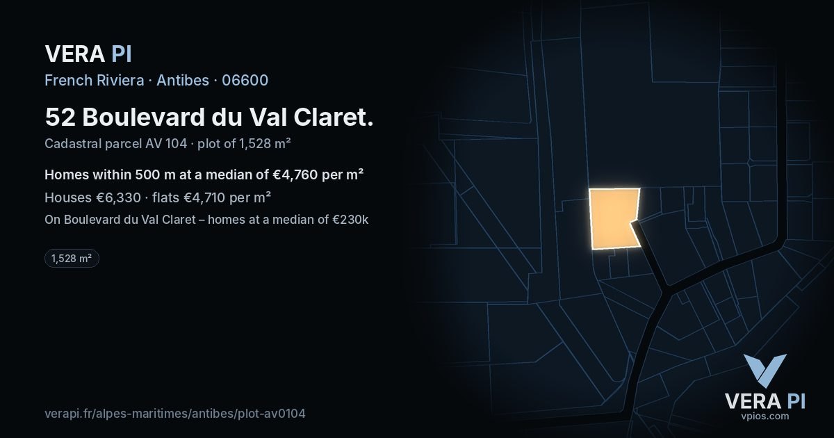 52 Boulevard du Val Claret, Antibes at night – the plot lit, the parcels around coloured by the prices near them