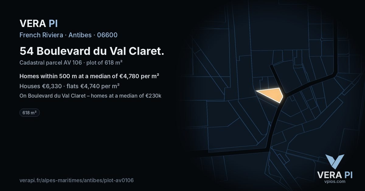 54 Boulevard du Val Claret, Antibes at night – the plot lit, the parcels around coloured by the prices near them