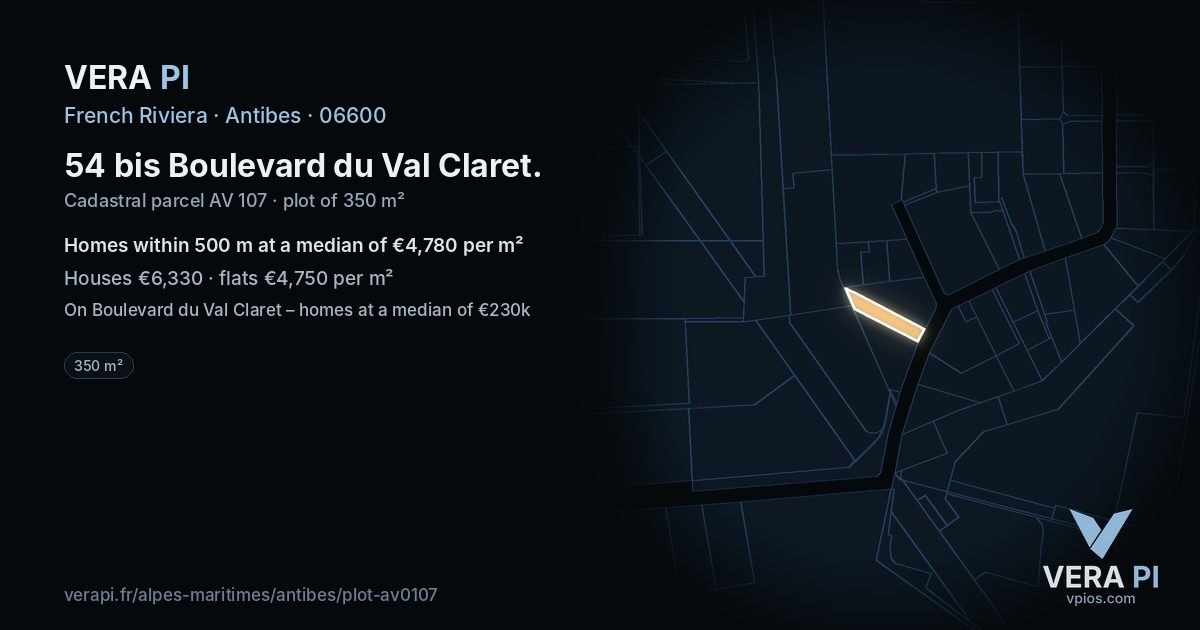 54 bis Boulevard du Val Claret, Antibes at night – the plot lit, the parcels around coloured by the prices near them