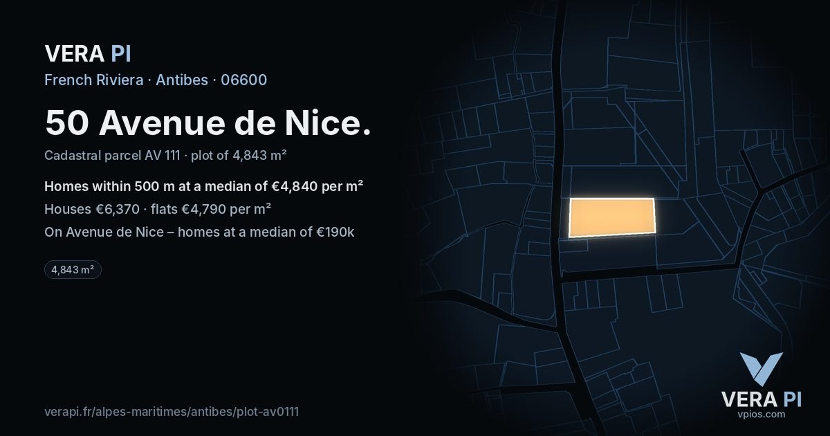 50 Avenue de Nice, Antibes at night – the plot lit, the parcels around coloured by the prices near them