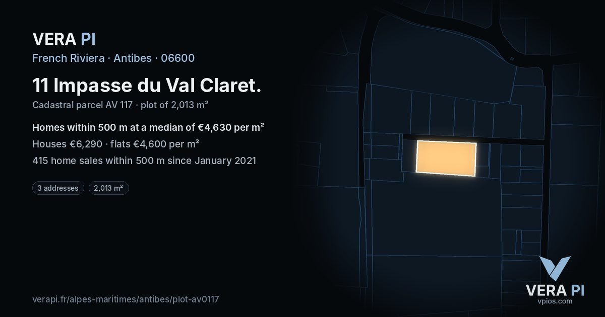 11 Impasse du Val Claret, Antibes at night – the plot lit, the parcels around coloured by the prices near them