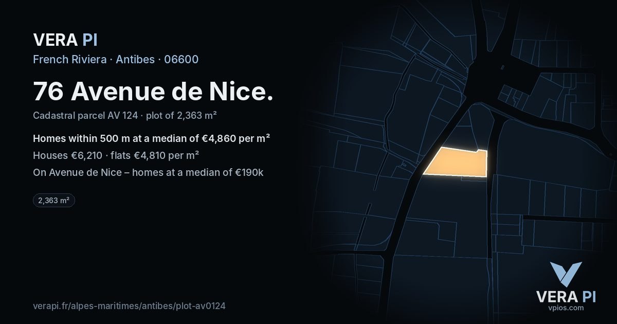 76 Avenue de Nice, Antibes at night – the plot lit, the parcels around coloured by the prices near them