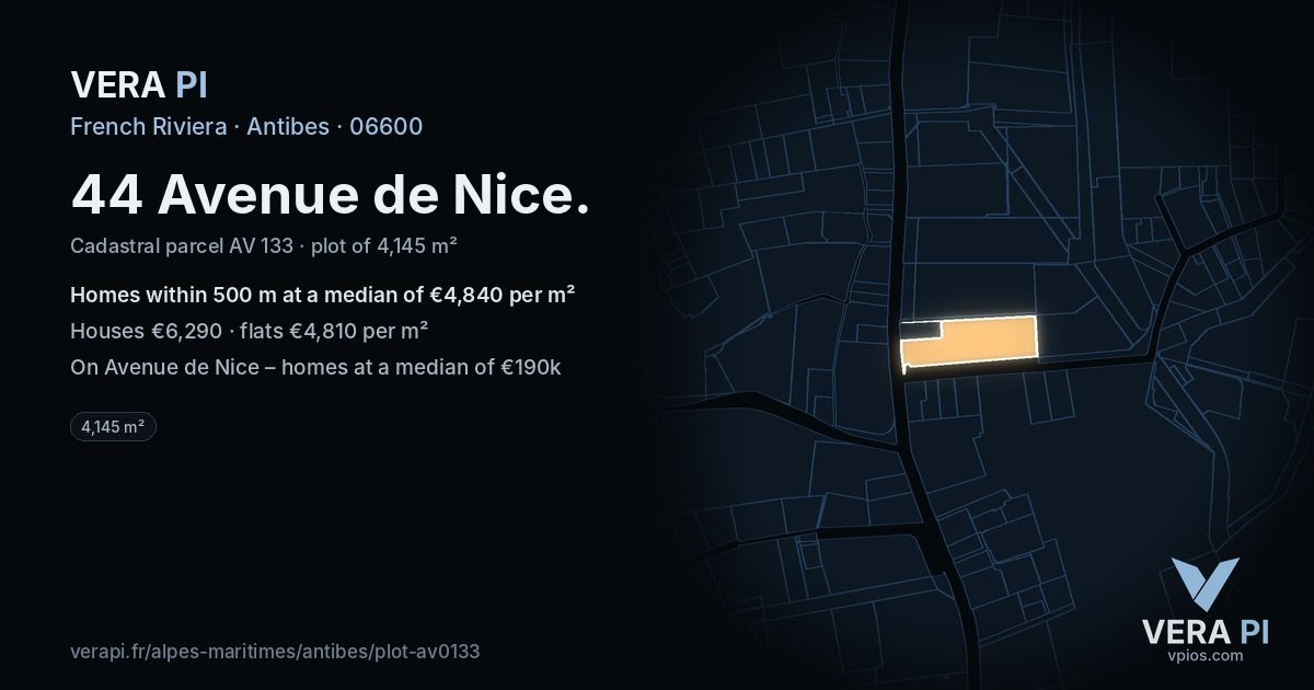 44 Avenue de Nice, Antibes at night – the plot lit, the parcels around coloured by the prices near them
