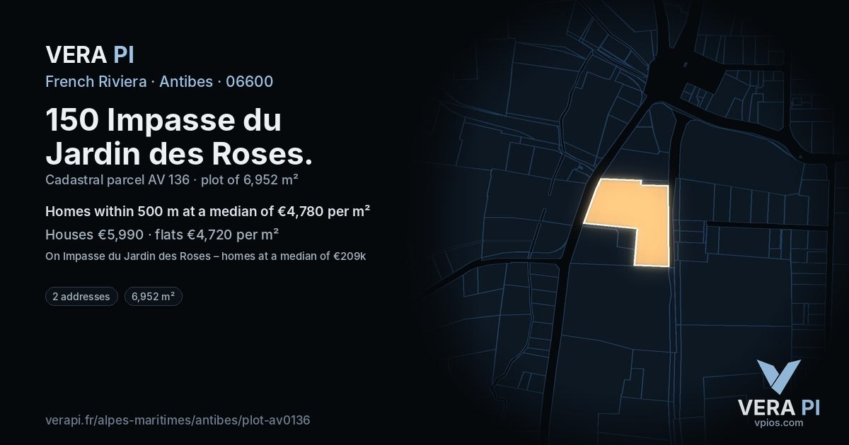 150 Impasse du Jardin des Roses, Antibes at night – the plot lit, the parcels around coloured by the prices near them
