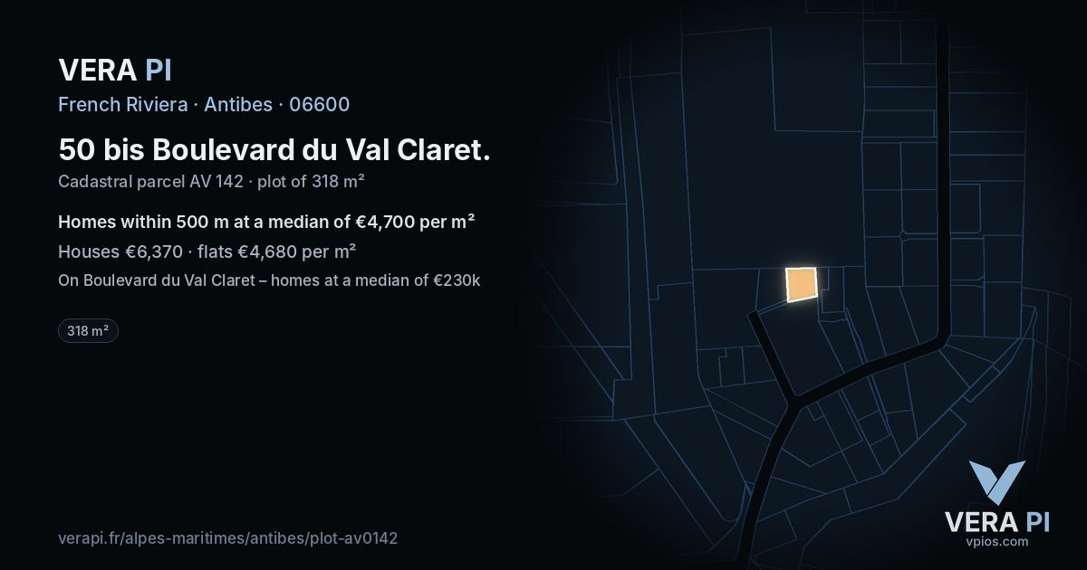 50 bis Boulevard du Val Claret, Antibes at night – the plot lit, the parcels around coloured by the prices near them