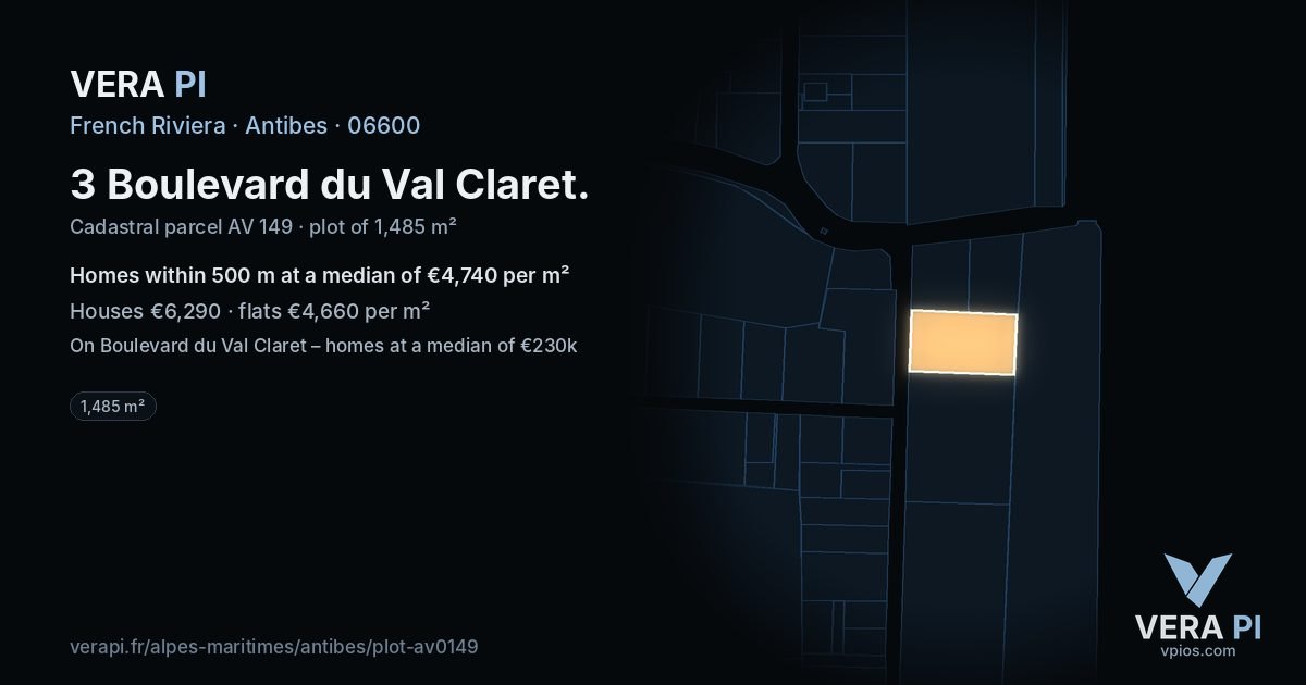 3 Boulevard du Val Claret, Antibes at night – the plot lit, the parcels around coloured by the prices near them