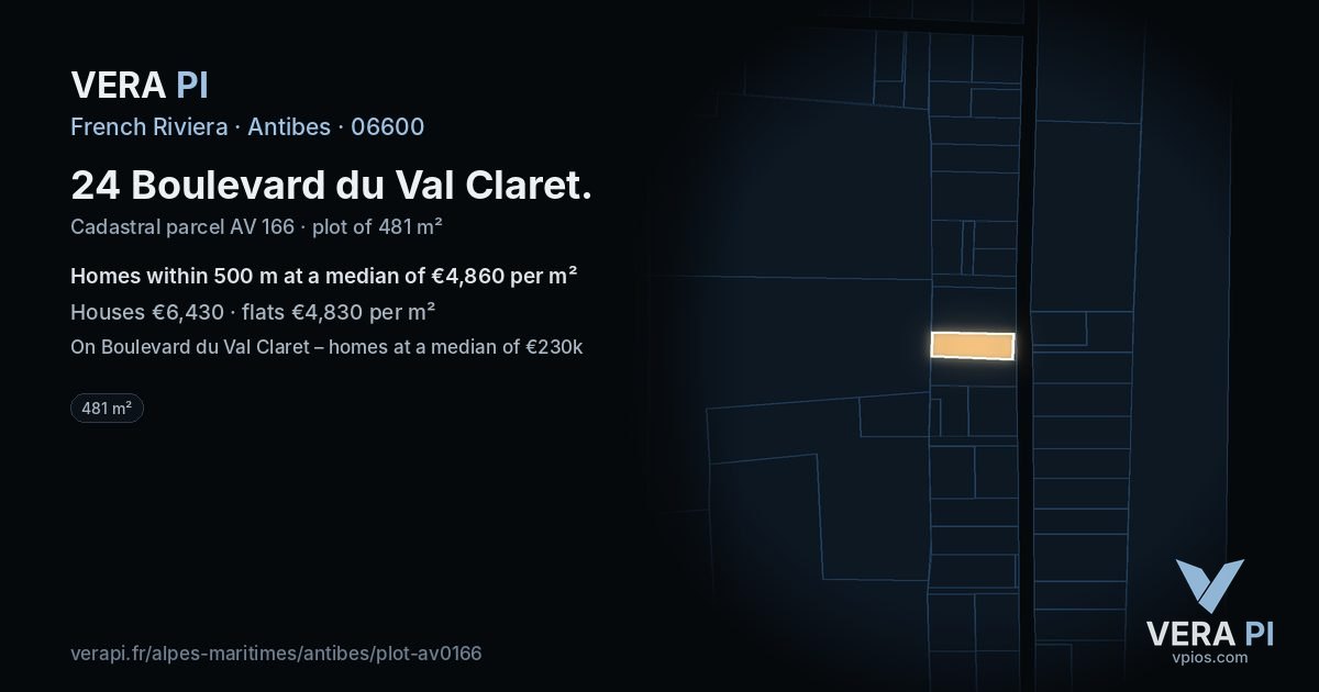 24 Boulevard du Val Claret, Antibes at night – the plot lit, the parcels around coloured by the prices near them